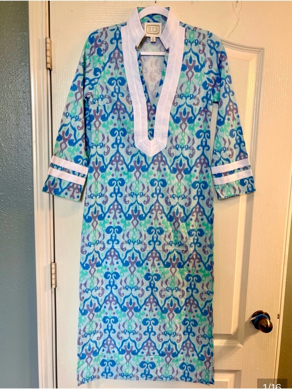 Sail to Sable | Blue & Green 100% Cotton Long Sleeve Caftan - Picture 3 of 16